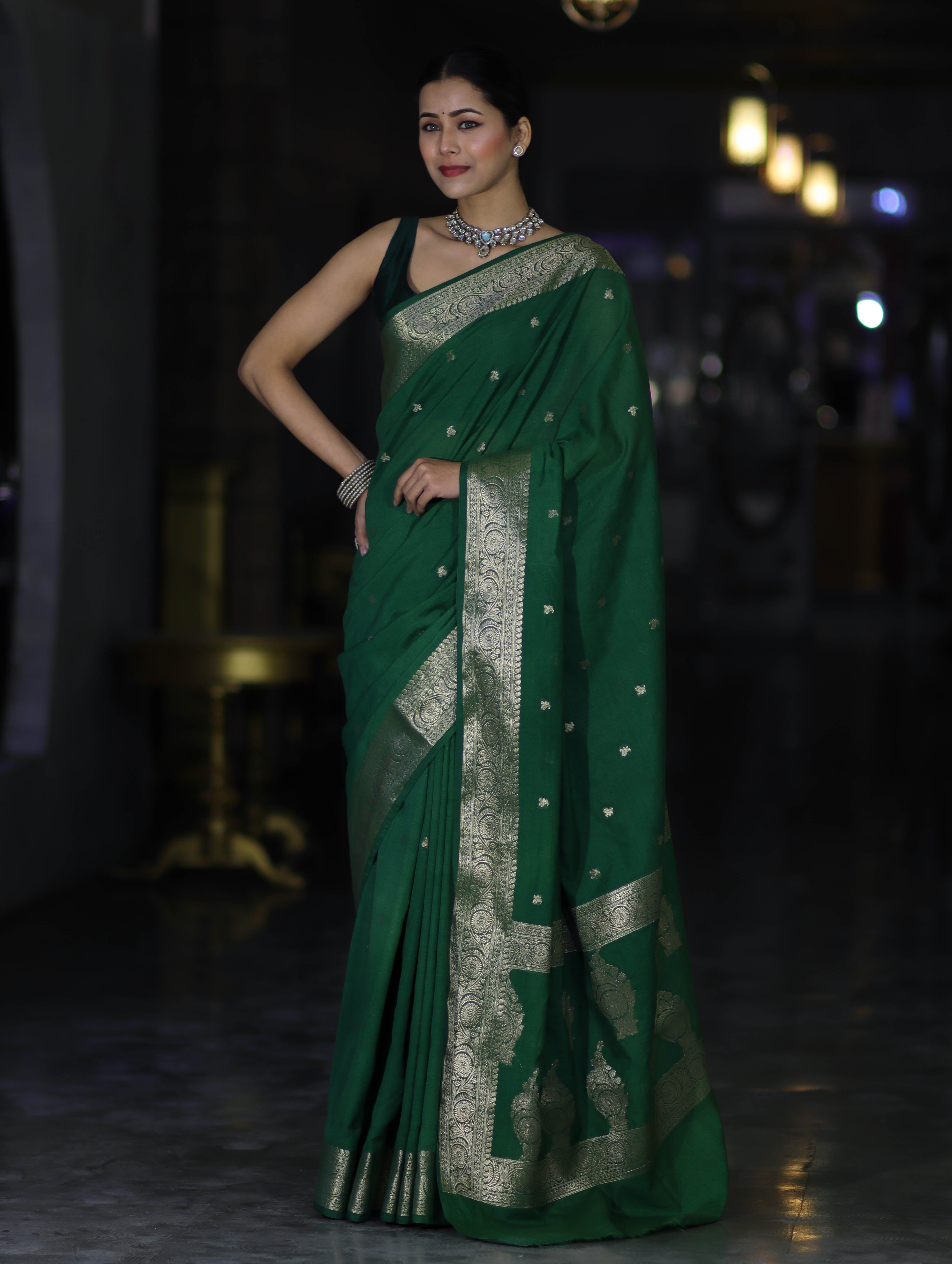 Banarasee Handloom Semi Silk Saree With Zari Buti Design & Floral Border-Green