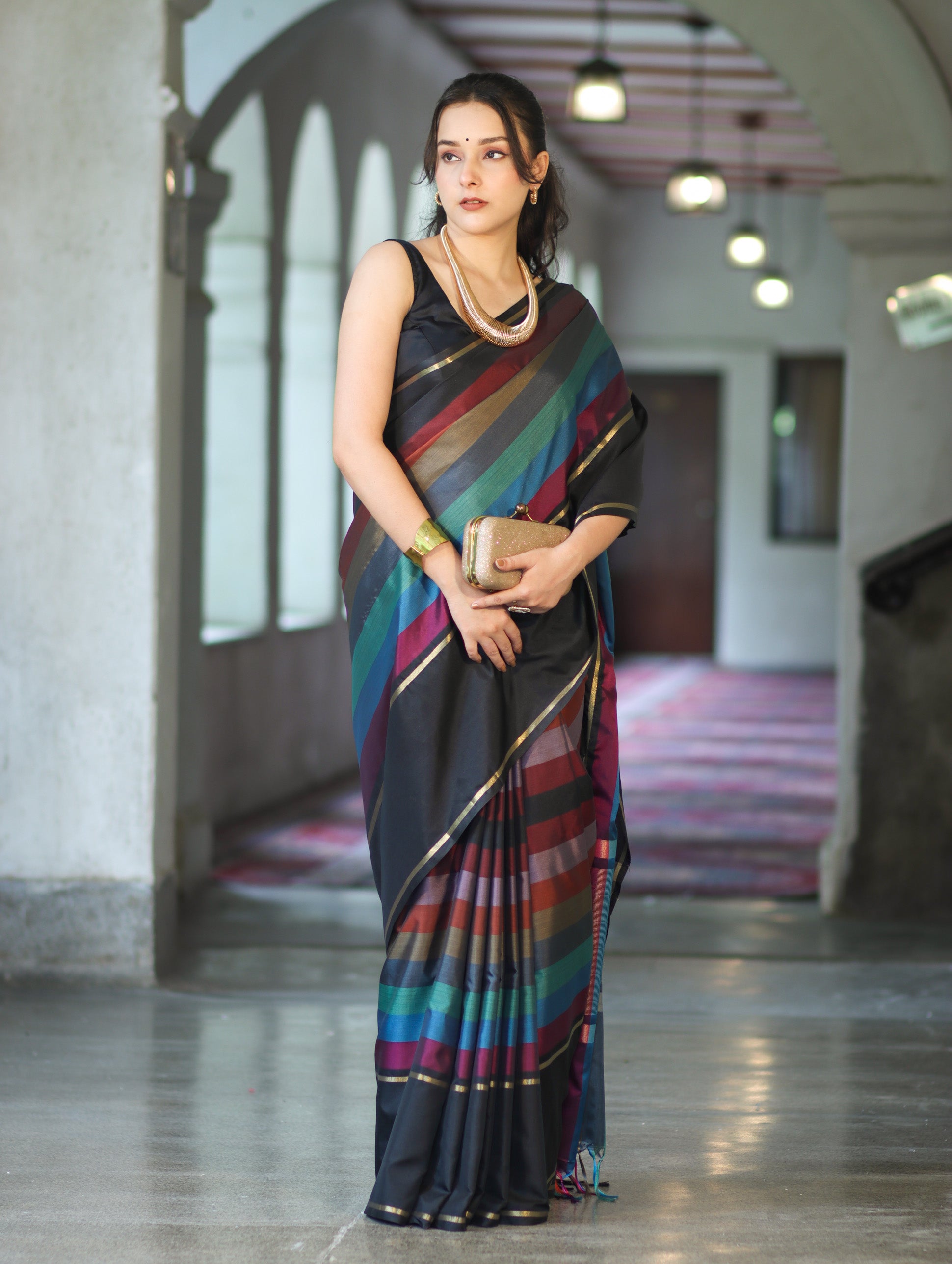 Banarasee Handloom Semi Silk Saree With Stripes Design-Multicolor