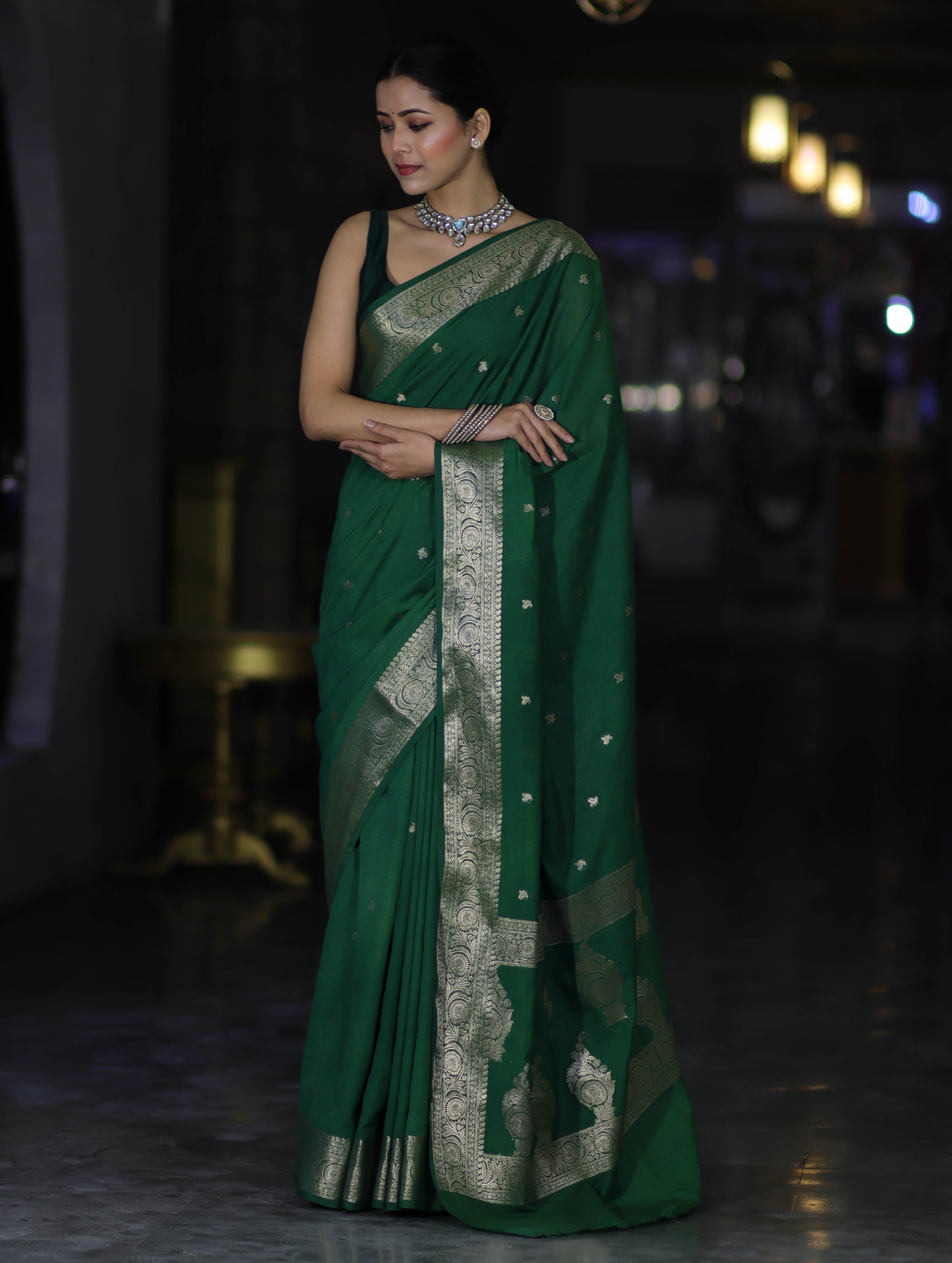 Banarasee Handloom Semi Silk Saree With Zari Buti Design & Floral Border-Green