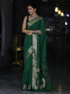 Banarasee Handloom Semi Silk Saree With Zari Buti Design & Floral Border-Green