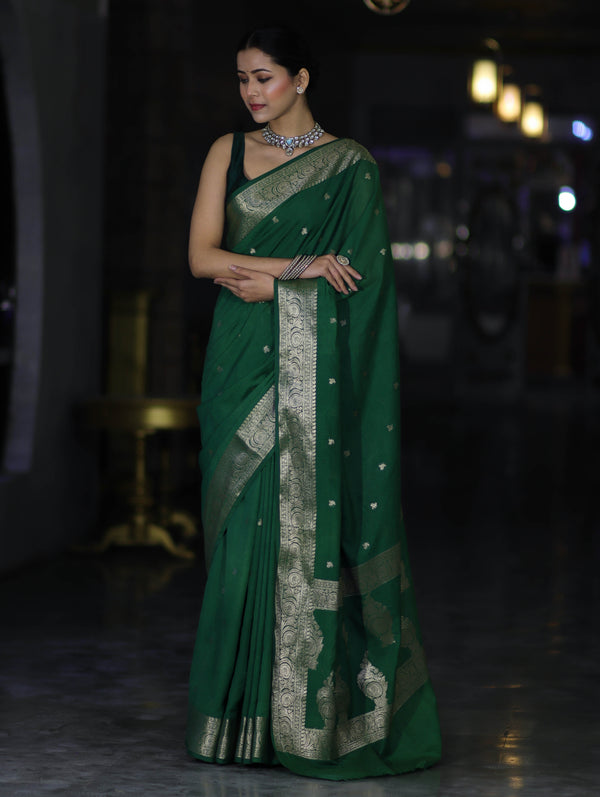 Banarasee Handloom Semi Silk Saree With Zari Buti Design & Floral Border-Green