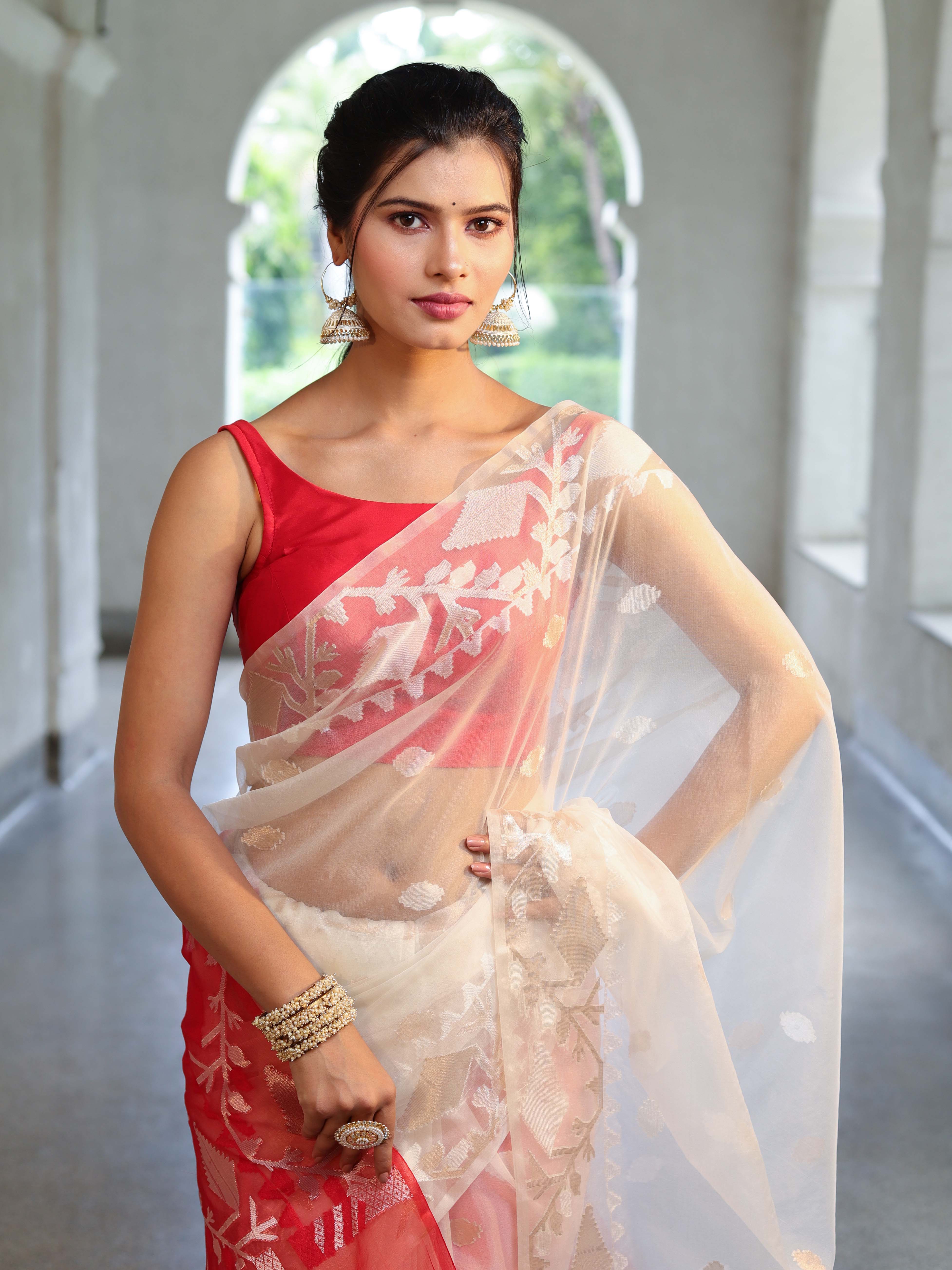 Banarasee Dual Color Organza Mix Saree With Zari Jaal Design-White & Red