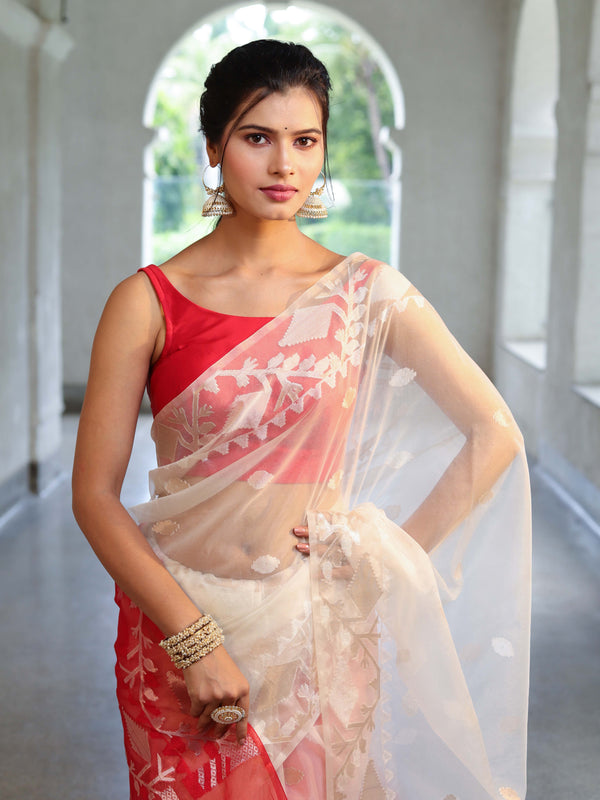 Banarasee Dual Color Organza Mix Saree With Zari Jaal Design-White & Red