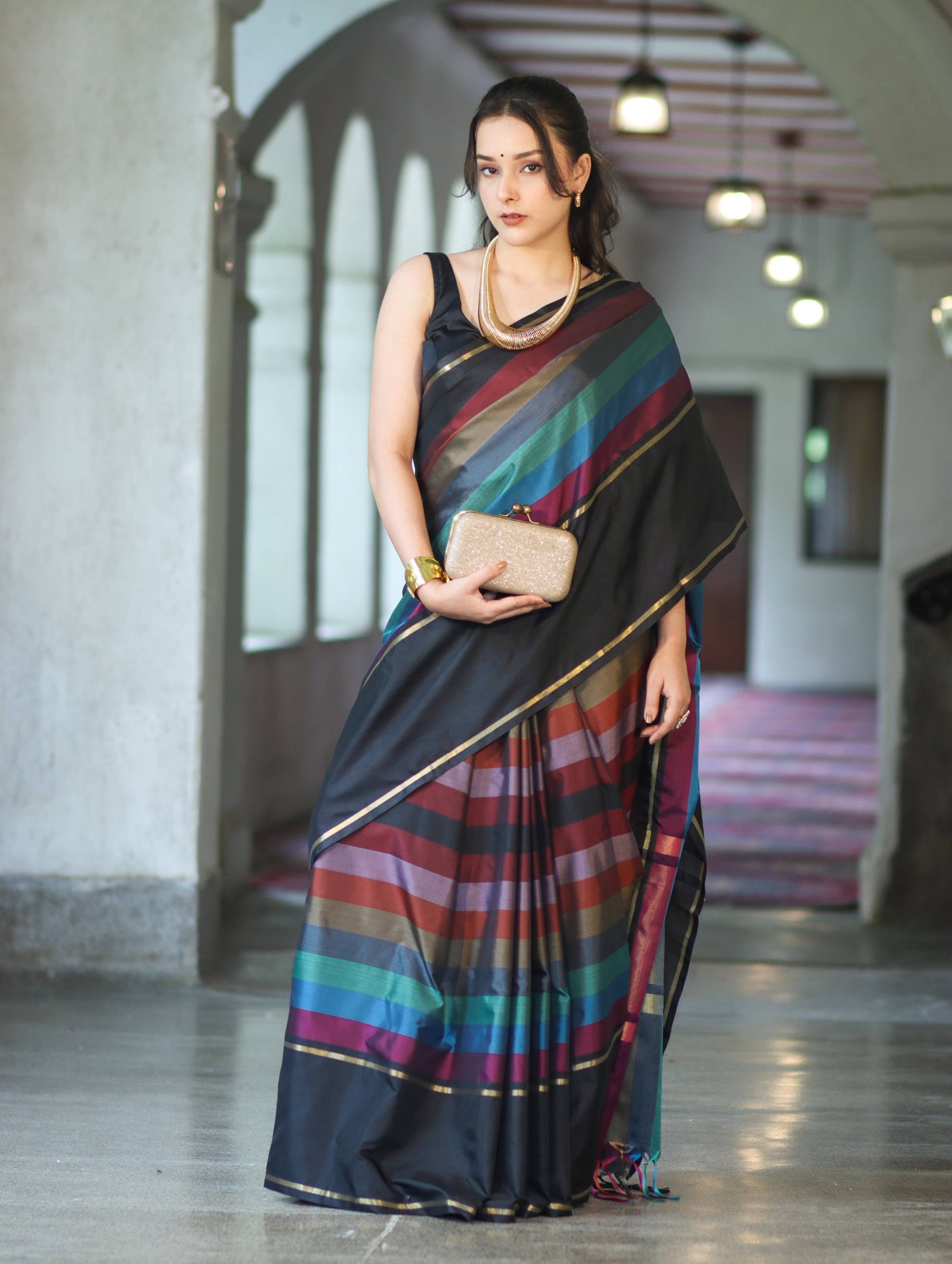 Banarasee Handloom Semi Silk Saree With Stripes Design-Multicolor
