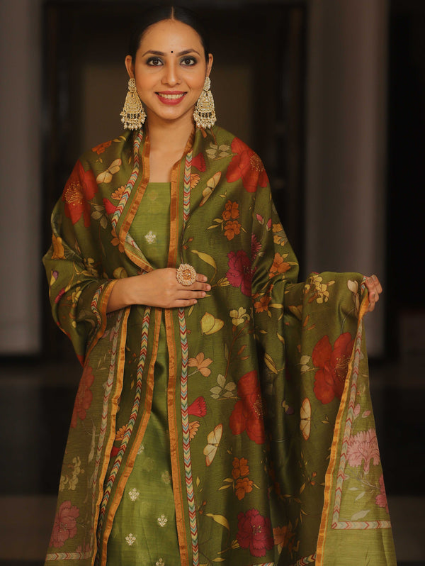Banarasee Pure Chanderi Silk Zari Buti Salwar Kameez Fabric With Digital Print Dupatta Set-Green
