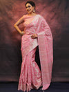 Banarasee Handloom Linen Silk Mix Zari Work Saree-Pink