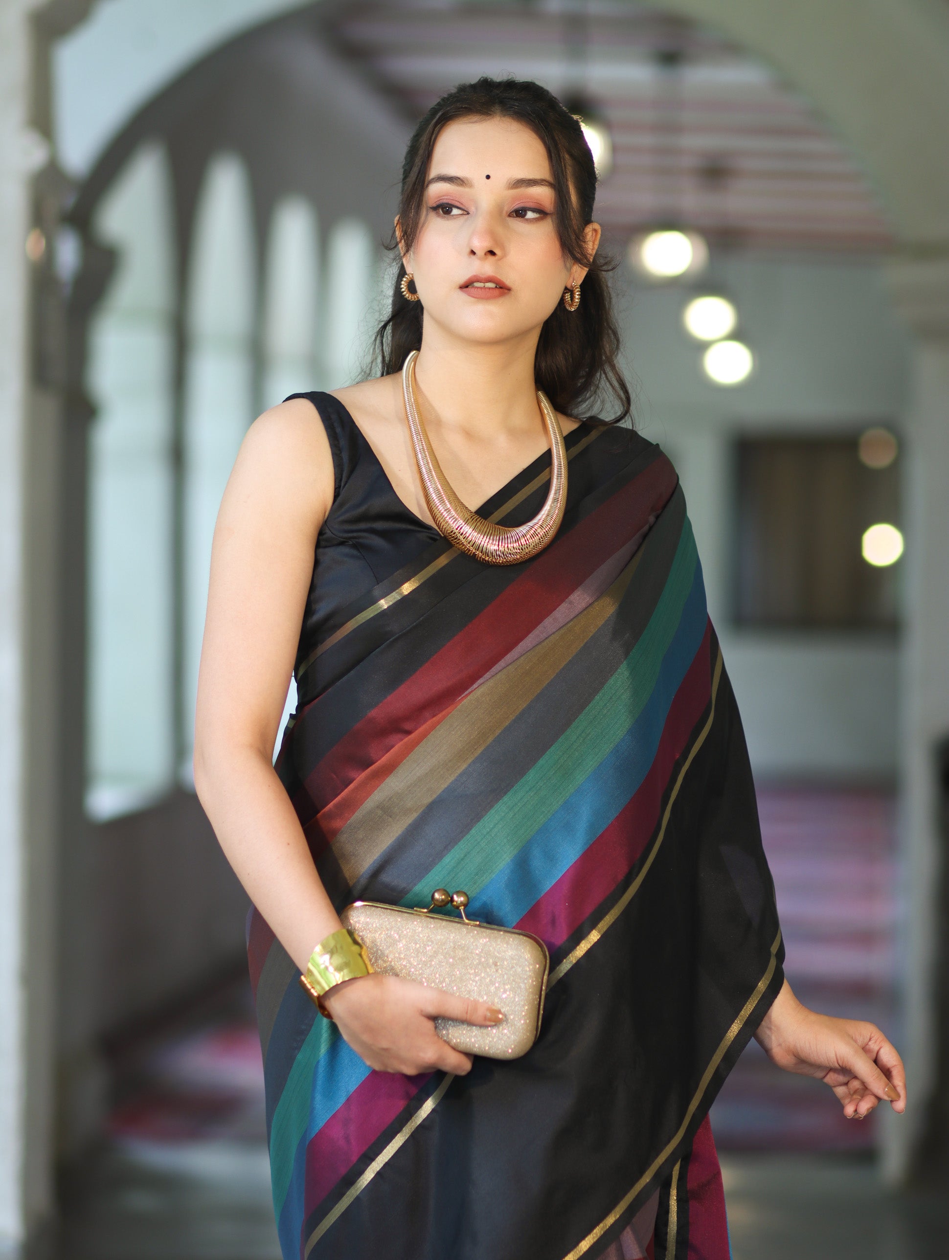Banarasee Handloom Semi Silk Saree With Stripes Design-Multicolor
