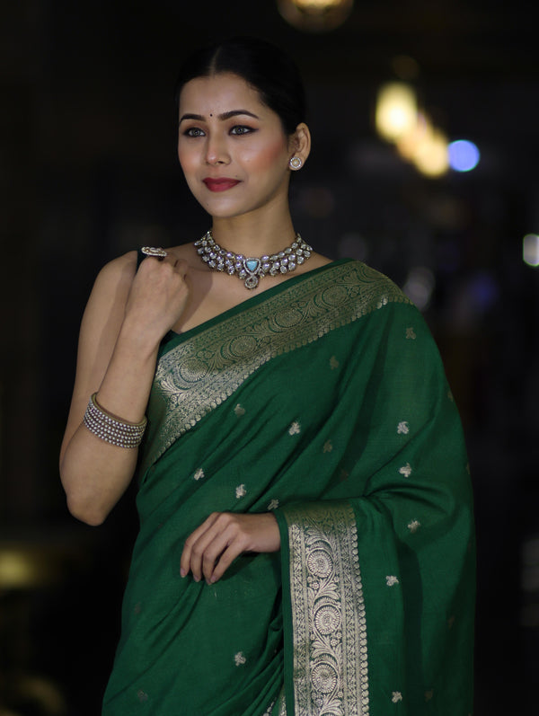 Banarasee Handloom Semi Silk Saree With Zari Buti Design & Floral Border-Green