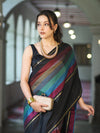 Banarasee Handloom Semi Silk Saree With Stripes Design-Multicolor