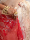 Banarasee Dual Color Organza Mix Saree With Zari Jaal Design-White & Red