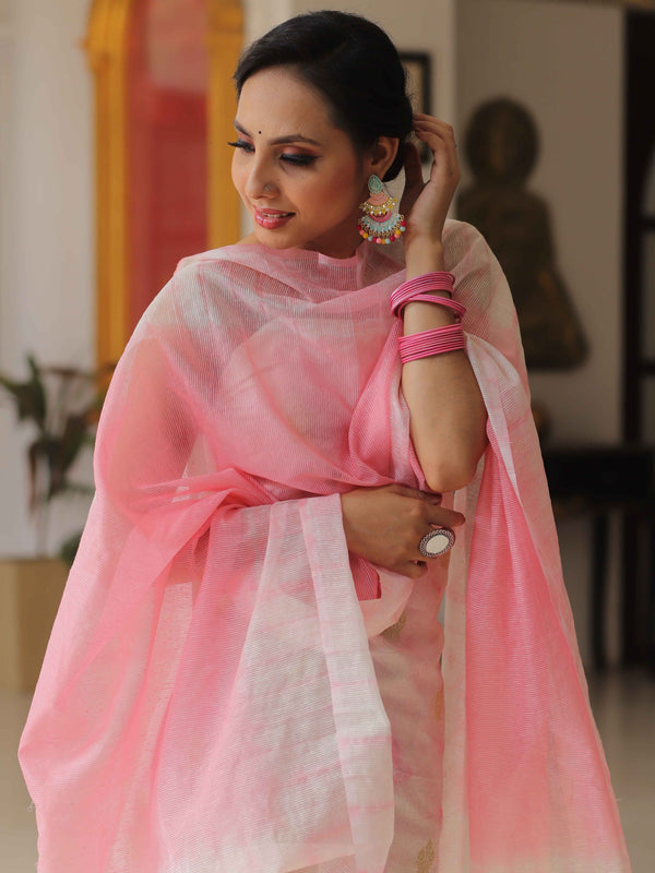 Banarasee Chanderi Cotton Zari Buti Salwar Kameez With Dupatta-White & Pink