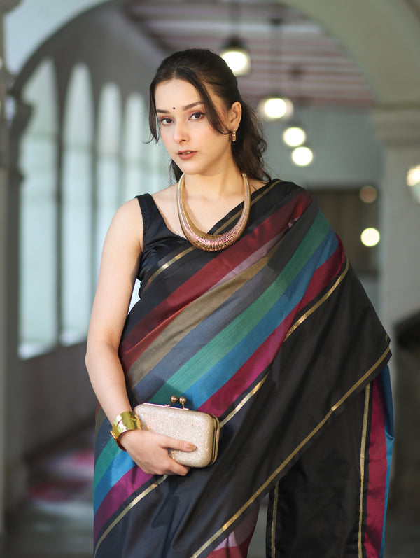 Banarasee Handloom Semi Silk Saree With Stripes Design-Multicolor