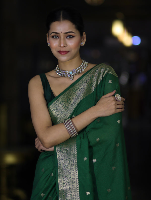 Banarasee Handloom Semi Silk Saree With Zari Buti Design & Floral Border-Green