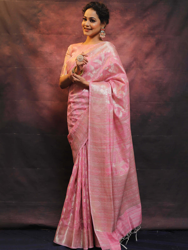 Banarasee Handloom Linen Silk Mix Zari Work Saree-Pink