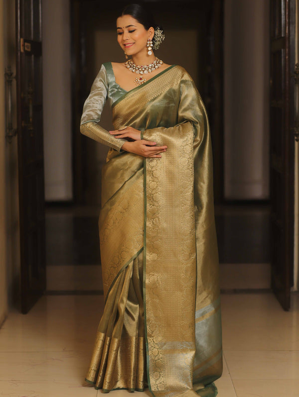 Banarasee Handwoven Plain Tissue Zari Border Saree-Green
