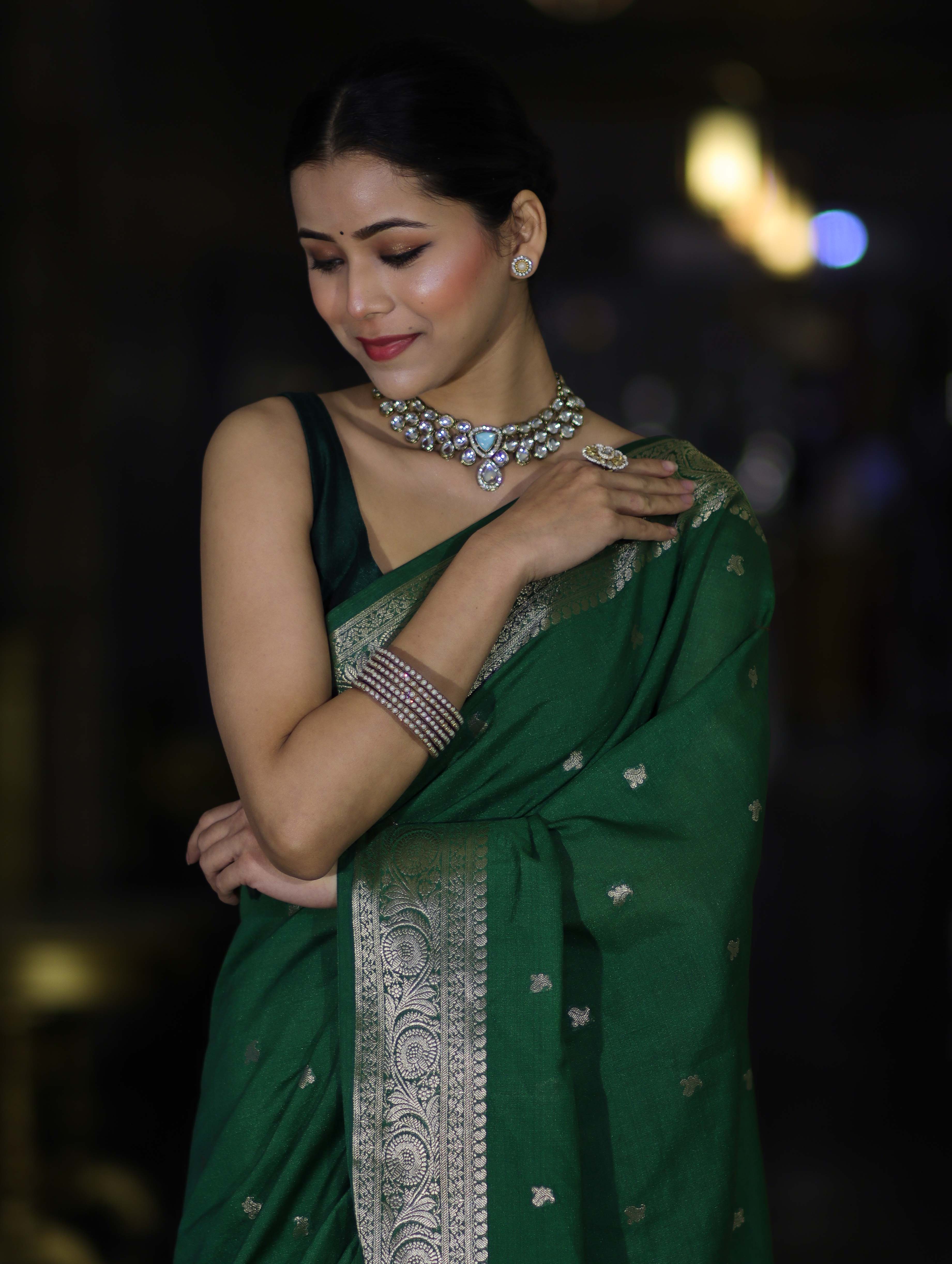 Banarasee Handloom Semi Silk Saree With Zari Buti Design & Floral Border-Green