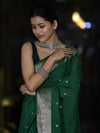 Banarasee Handloom Semi Silk Saree With Zari Buti Design & Floral Border-Green
