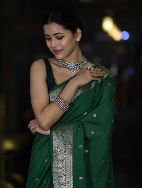 Banarasee Handloom Semi Silk Saree With Zari Buti Design & Floral Border-Green