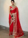 Banarasee Handwoven Plain Tissue Saree With Zari Border & Lace-Red