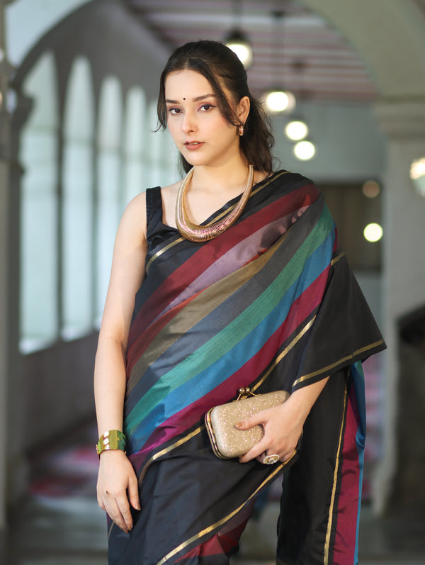 Banarasee Handloom Semi Silk Saree With Stripes Design-Multicolor