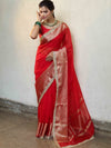Banarasee Handwoven Plain Tissue Saree With Zari Border & Lace-Red