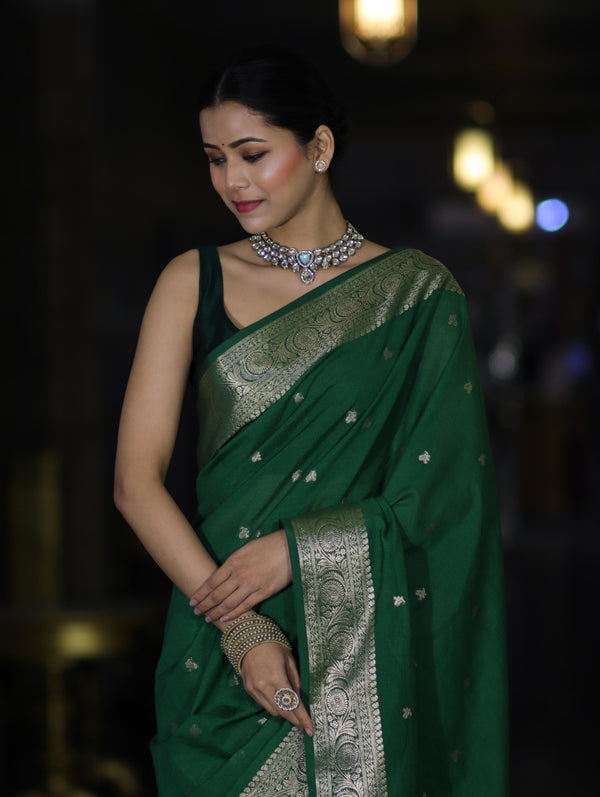 Banarasee Handloom Semi Silk Saree With Zari Buti Design & Floral Border-Green