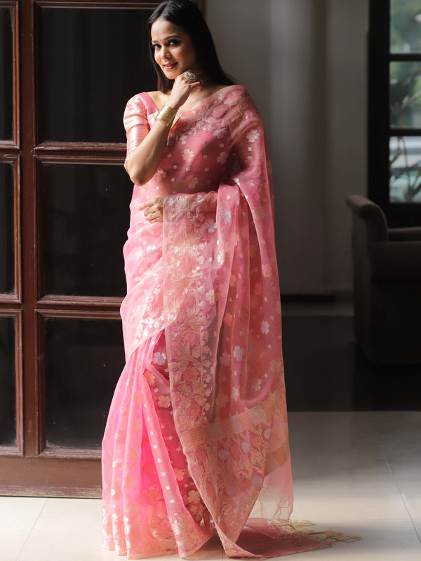 Banarasee Kora Muslin Saree With Zari Jamdani Weaving-Pink