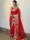 Banarasee Handwoven Plain Tissue Saree With Zari Border & Lace-Red