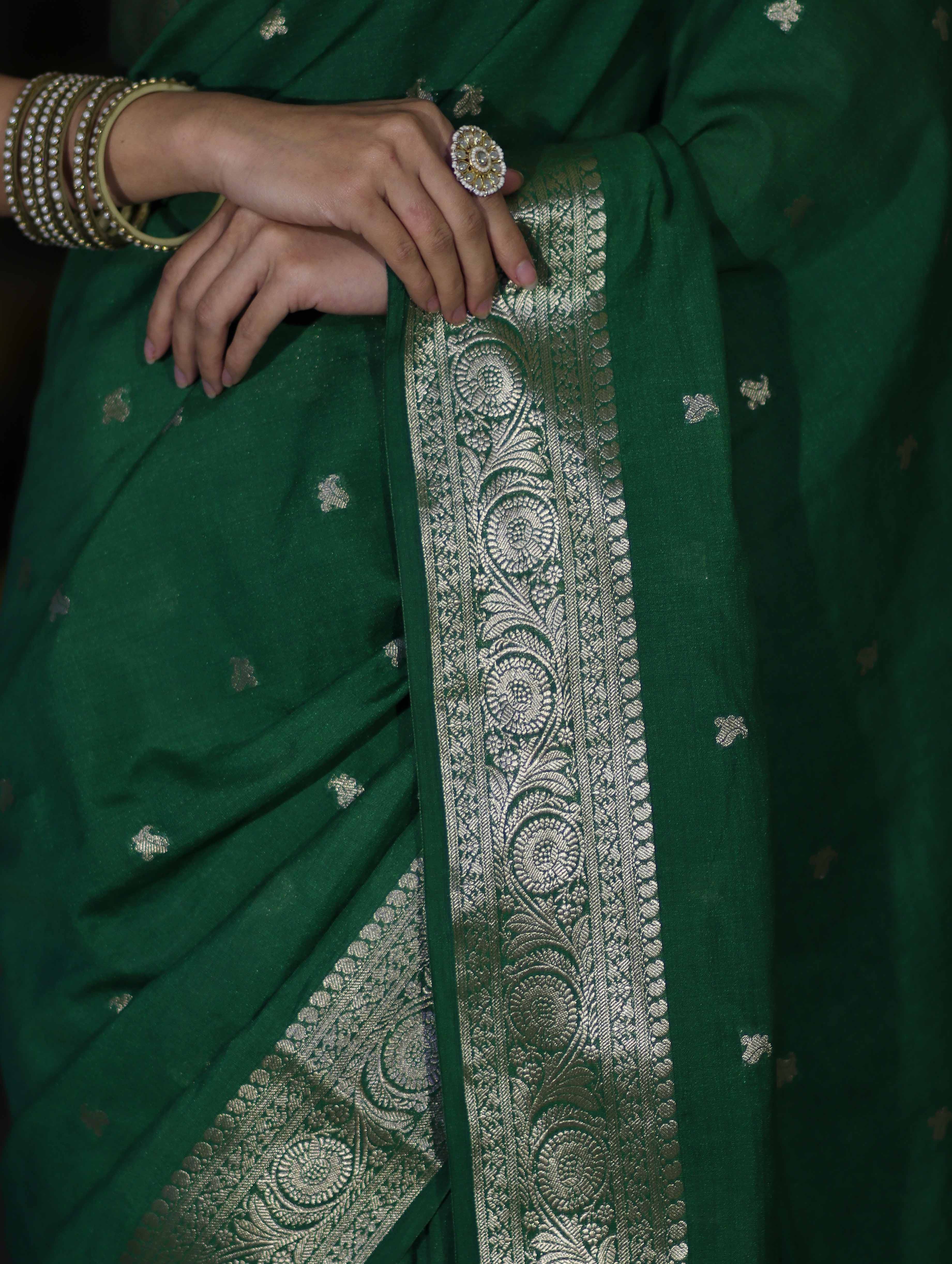 Banarasee Handloom Semi Silk Saree With Zari Buti Design & Floral Border-Green