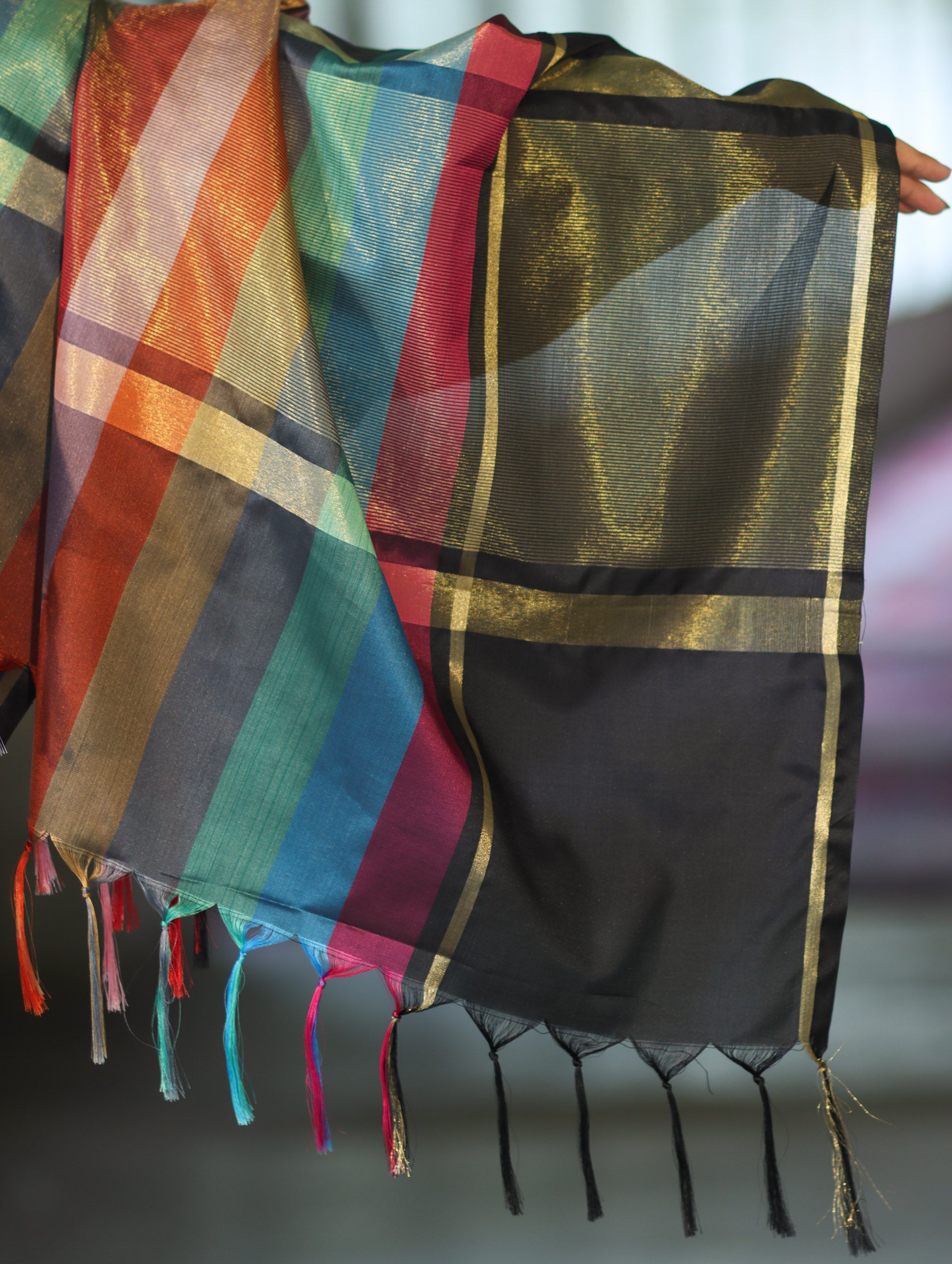 Banarasee Handloom Semi Silk Saree With Stripes Design-Multicolor