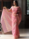 Banarasee Kora Muslin Saree With Zari Jamdani Weaving-Pink
