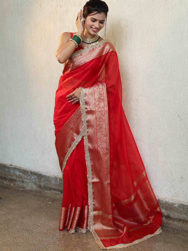 Banarasee Handwoven Plain Tissue Saree With Zari Border & Lace-Red