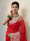 Banarasee Handwoven Plain Tissue Saree With Zari Border & Lace-Red