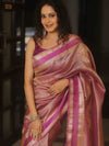 Banarasee Handwoven Plain Crushed Tissue Saree With Zari Border-Magenta