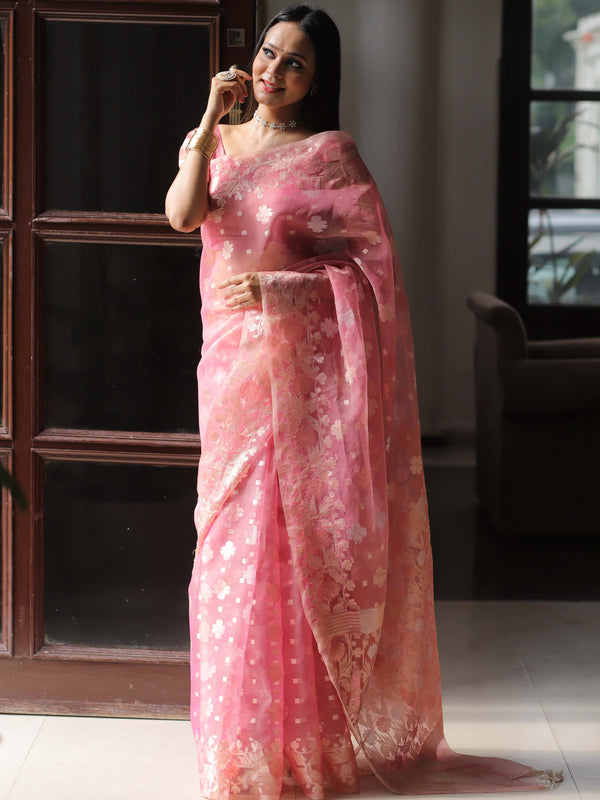 Banarasee Kora Muslin Saree With Zari Jamdani Weaving-Pink