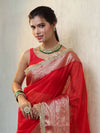 Banarasee Handwoven Plain Tissue Saree With Zari Border & Lace-Red