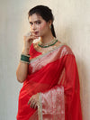 Banarasee Handwoven Plain Tissue Saree With Zari Border & Lace-Red