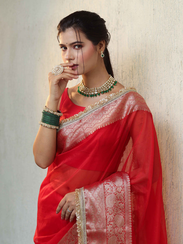 Banarasee Handwoven Plain Tissue Saree With Zari Border & Lace-Red