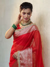 Banarasee Handwoven Plain Tissue Saree With Zari Border & Lace-Red