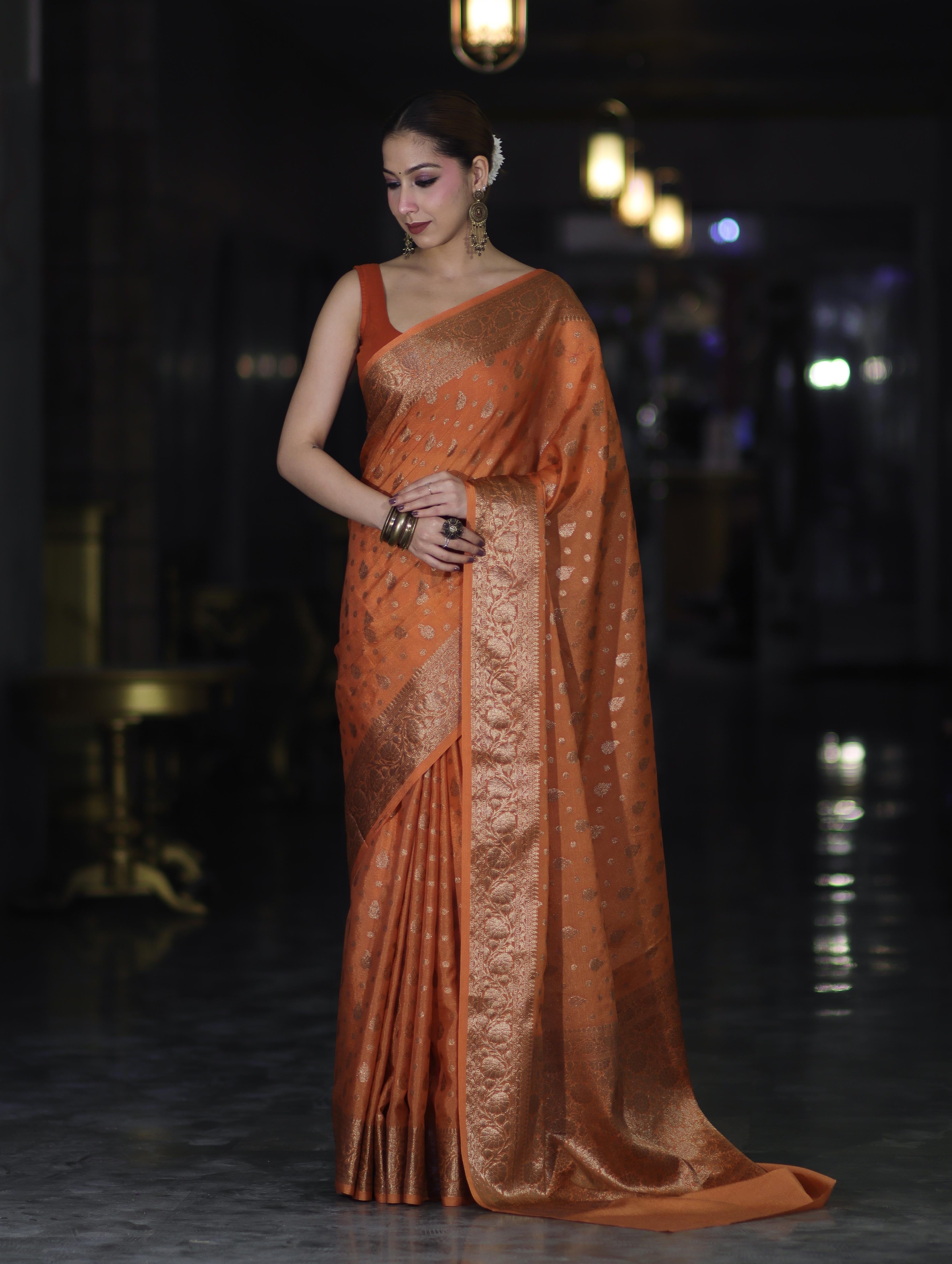 Banarasee Handloom Semi Silk Saree With Antique Zari Buti Design & Floral Border-Rust