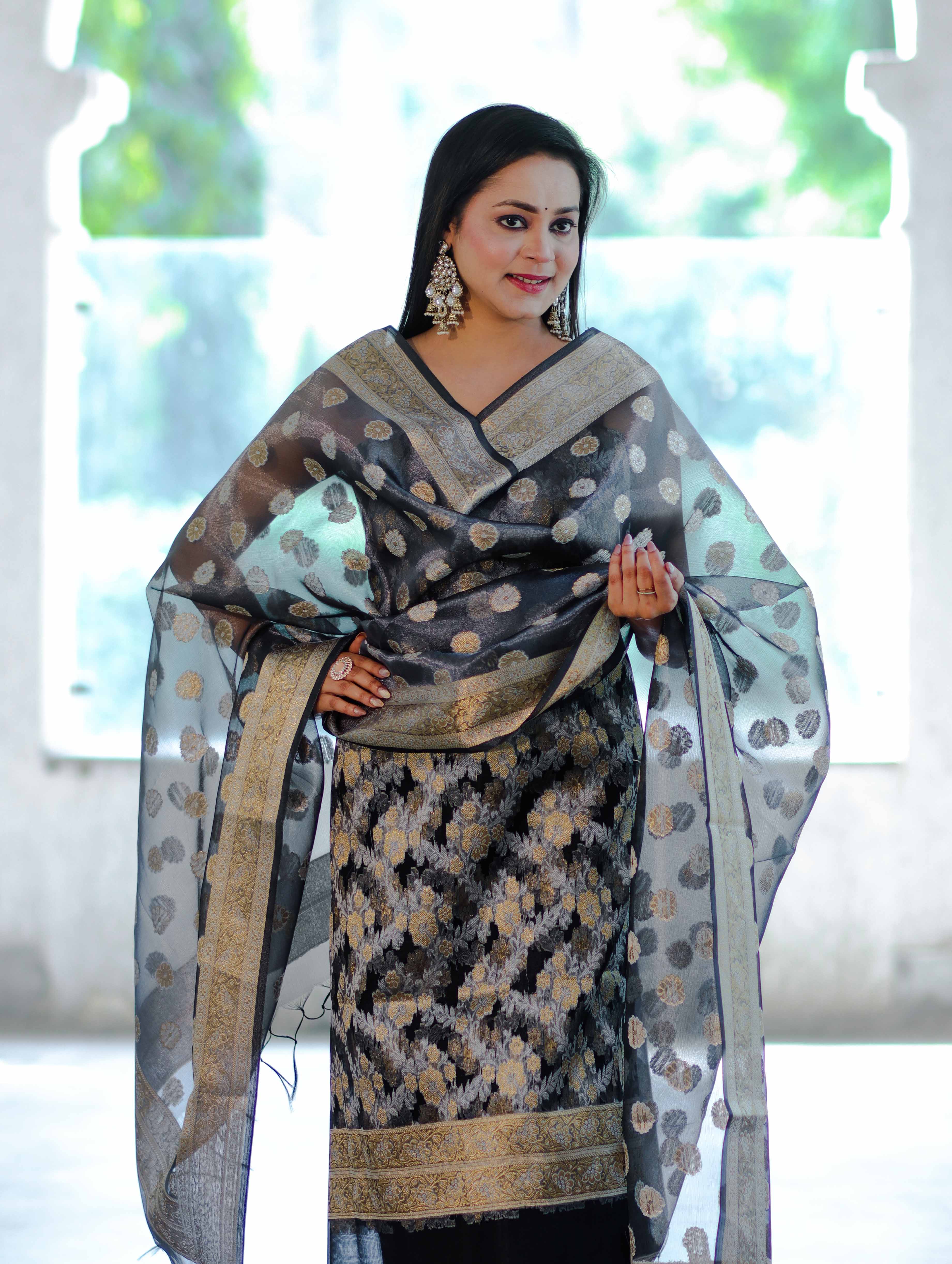 Banarasee Tissue Zari Work Salwar Kameez Fabric With Dupatta Set-Black
