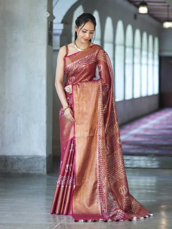 Bhagalpur Handloom Linen Tissue Batik Pattern Saree-Mauve (Gold Tone)