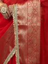 Banarasee Handwoven Plain Tissue Saree With Zari Border & Lace-Red