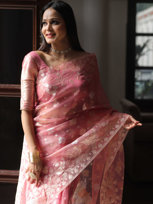 Banarasee Kora Muslin Saree With Zari Jamdani Weaving-Pink