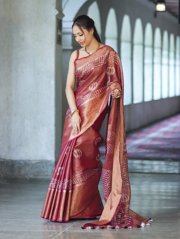 Bhagalpur Handloom Linen Tissue Batik Pattern Saree-Mauve (Gold Tone)