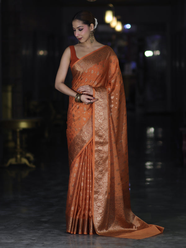 Banarasee Handloom Semi Silk Saree With Antique Zari Buti Design & Floral Border-Rust
