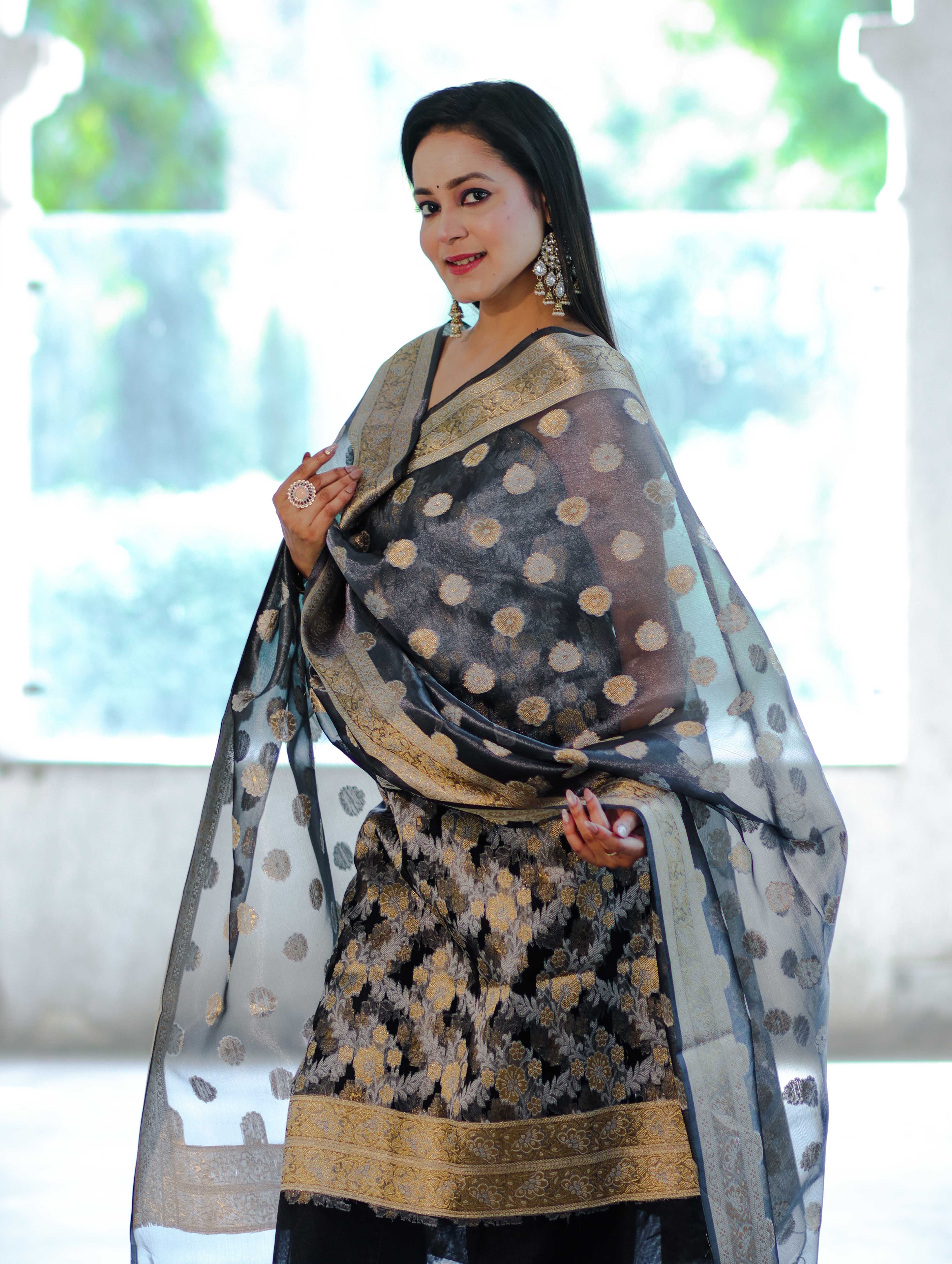 Banarasee Tissue Zari Work Salwar Kameez Fabric With Dupatta Set-Black