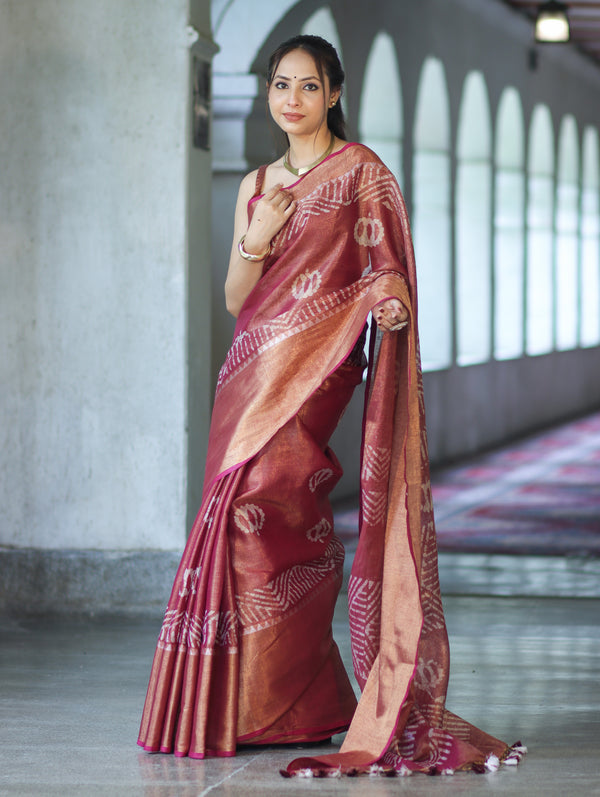 Bhagalpur Handloom Linen Tissue Batik Pattern Saree-Mauve (Gold Tone)