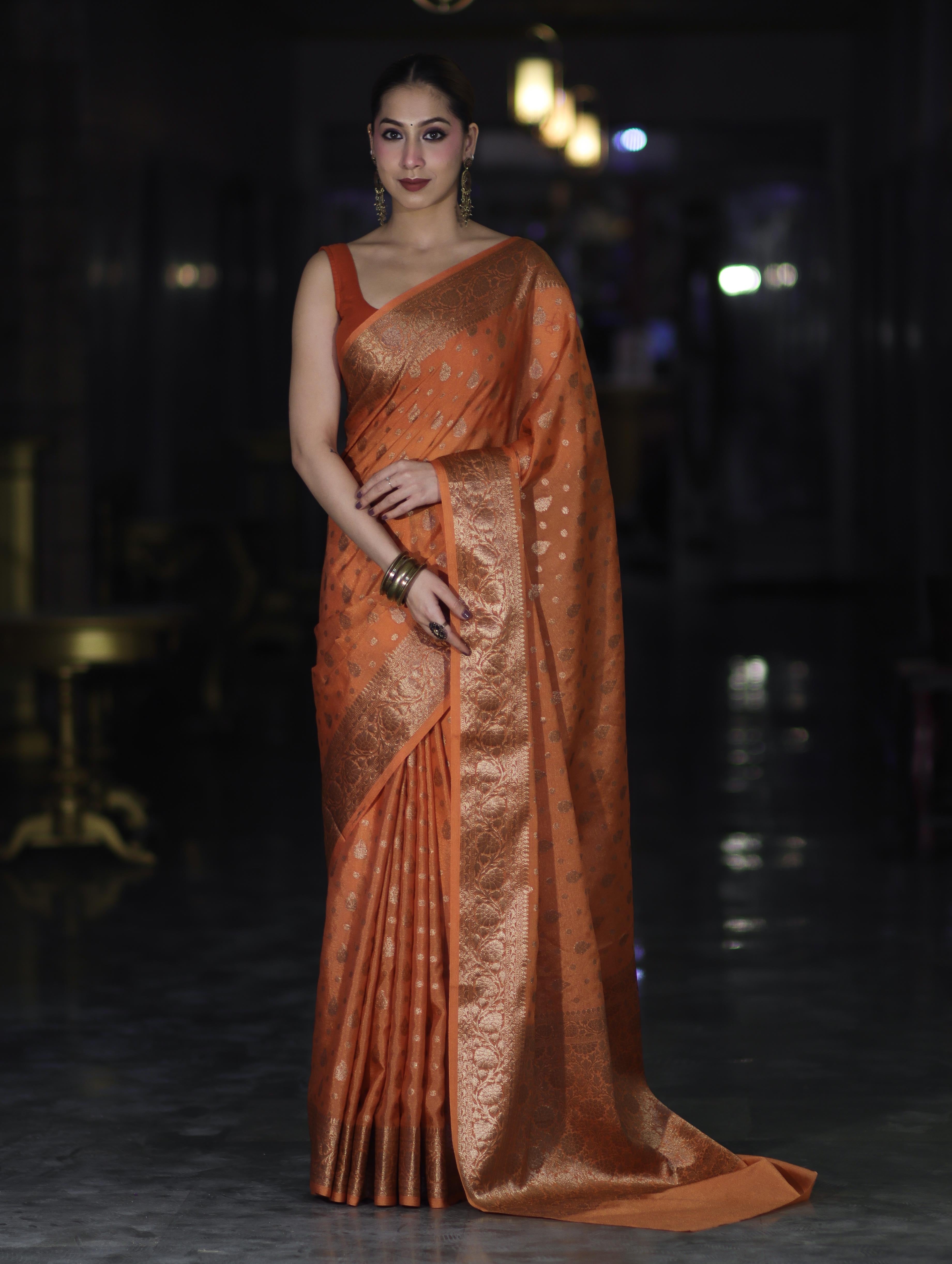 Banarasee Handloom Semi Silk Saree With Antique Zari Buti Design & Floral Border-Rust