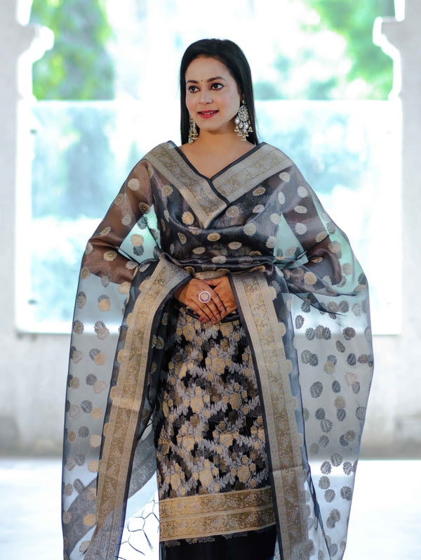Banarasee Tissue Zari Work Salwar Kameez Fabric With Dupatta Set-Black